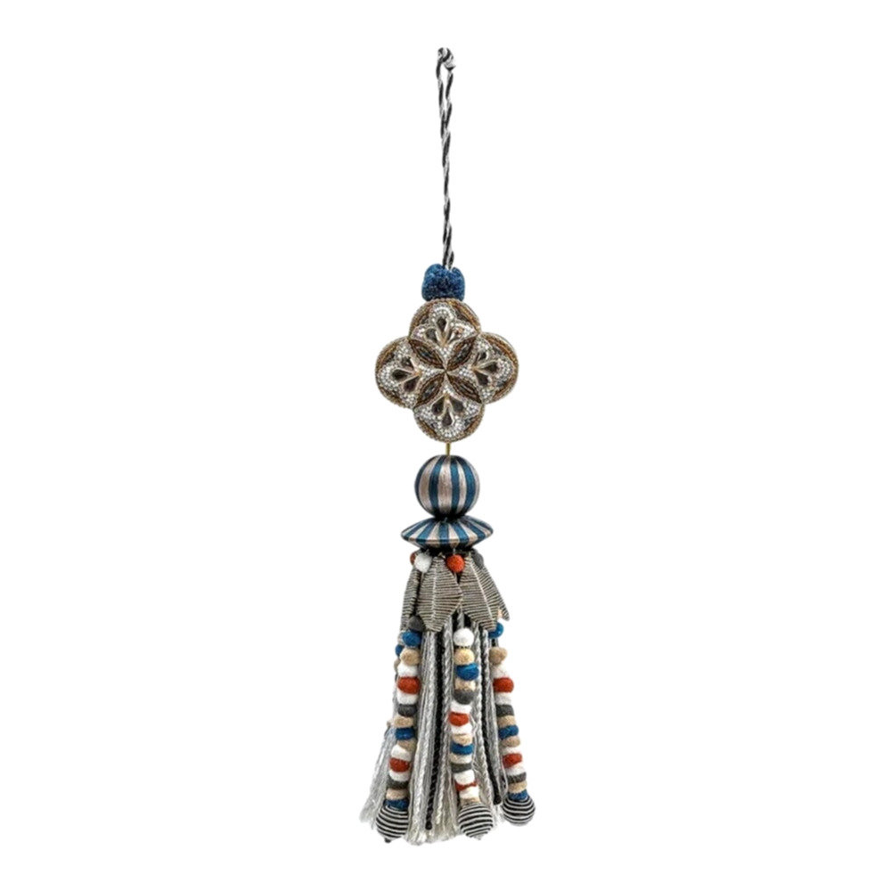 MACKENZIE-CHILDS Cobblestone Beaded Tassel Handmade Home Decor Silver Blue NEW